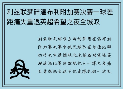 利兹联梦碎温布利附加赛决赛一球差距痛失重返英超希望之夜全城叹 利兹联梦碎温布利附加赛决赛一球差距痛失重返英超希望之夜全城叹